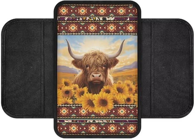 Boatee Highland Cow Sunflower Center Console Cover for Car Arm Rest Mat Armrest Pad for Car Console Organizer Auto Console Cushion Pad Arm Rest Box Pad Car Interior Protcetor Stylish Decor Brown
