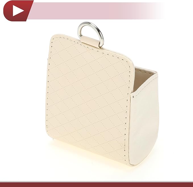 1 Pc Car Trash Can Hanging Trash Bin 3.5" Length 2.0" Width 4.3" Height Beige Faux Leather