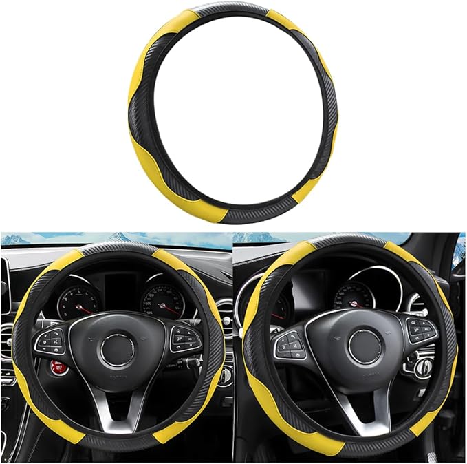 Fekey&JF Car Steering Wheel Cover, Universal Microfiber PU Leather Elastic 15 inch Stitching Color Anti-Slip Steering Wheel Protector, Auto Interior Protection Accessories for Men Women (Yellow)