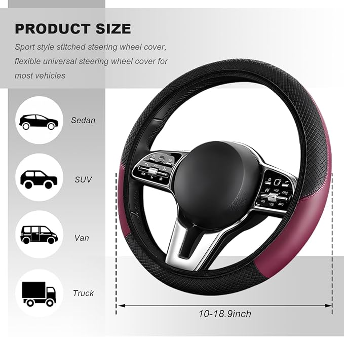 Car Steering Wheel Cover, 15 Inch Carbon Fiber Elastic Vehicle Steering Wheel Protector, Breathable Leather Auto Wheel Covers for Women Men, Interior Car Accessories (Wine Red, AD)