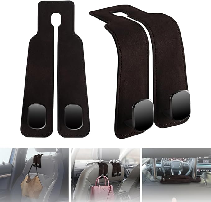 NHHEO Car Purse Hook for Headrest, 2 Pcs Car Seat Back Storage Hook Bendable Leather Universal Vehicle Car Bag Hooks(Black)