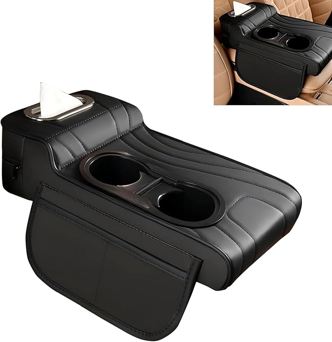 Car Armrest Cushion, Leather Center Console Cover Protector, Multifunctional Storage Pad with Dual Cup Holder, Tissue Box & Side Card Slot, Universal for Most Cars (Black)