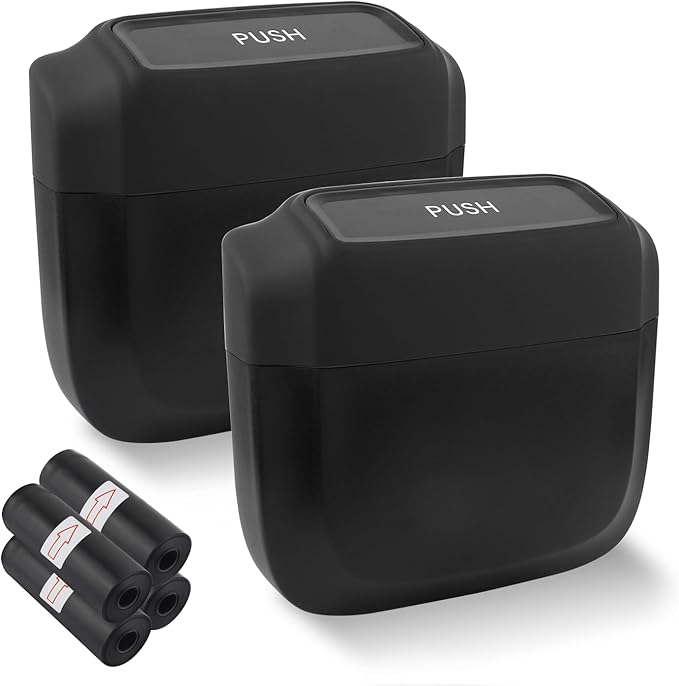 2PCS Car Trash Can with Lid + 60PCS Garbage Bags,Mini Trash Can Interior Accessories for Door/Seat/Center Console/Home/Office,Multifunctional Car Organizers and Storage (Black)