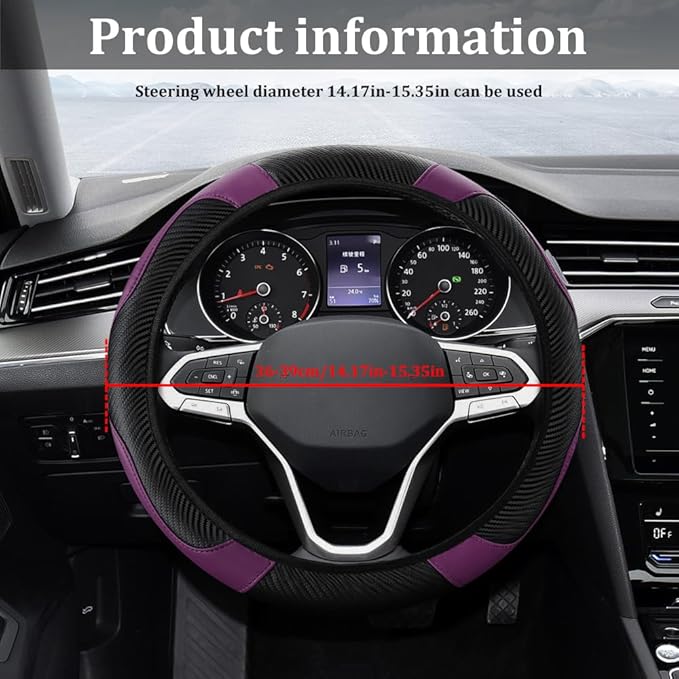 Car Steering Wheel Cover, Steering Wheel Protector, 15 inch Durable Leather Cover with Anti-Slip Lining, Universal Carbon Fiber Microfiber Leather Car Accessories for Most Cars (Black&Purple)