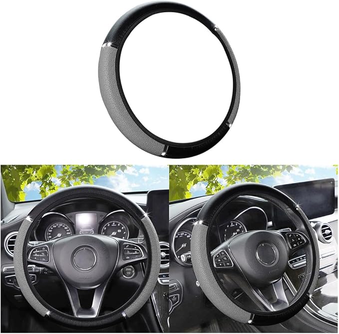 Car Steering Wheel Cover, PU Leather Elastic Vehicle Steering Wheel Protector, 14.5-15 Inches Non Slip Automotive Interior Steering Wheel Accessories, Universal Fit (Gray)