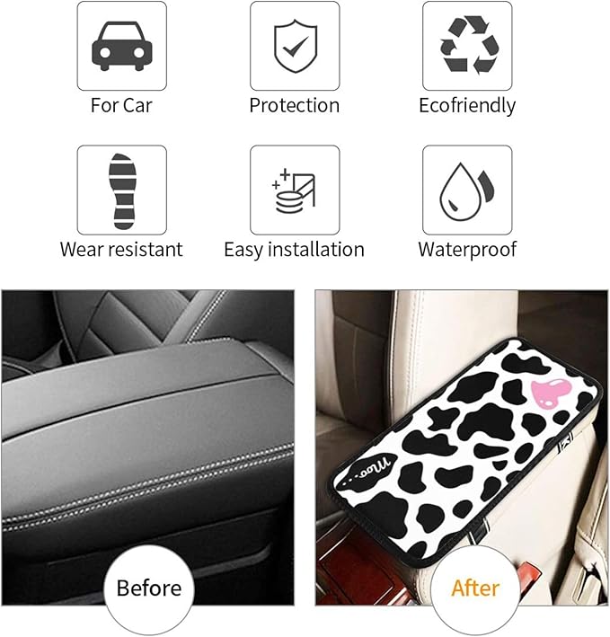 DORKEIXIA Black and White Cow Print Love Heart Cute Pink Auto Center Console Armrest Pad Universal Car Center Console Cover Seat Box Cover for Sedan, Van, SUV, Truck Car Accessorie
