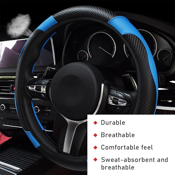 Car Steering Wheel Cover, 15 Inch Leather Breathable Auto Steering Wheel Protector, Comfortable Non-Slip Vehicle Steering Wheel Covers, Universal Interior Car Accessories (Black+Blue)