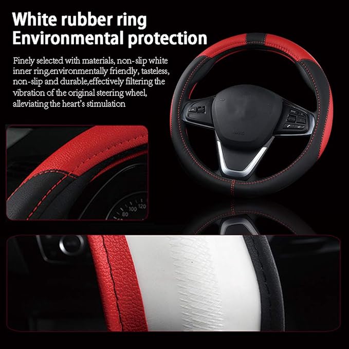 Black Microfiber Leather Car Steering Wheel Cover,Durable, Breathable,Snug Grip,Fit Most Car,Warm in Winter Universal Size 14.5 15 15.5 Inches(Black/White)