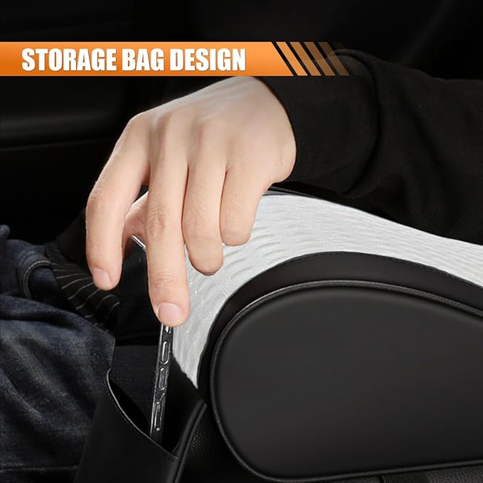 Car Armrest Cushion, Memory Foam Auto Center Console Armrest Pillow Pad with Storage Bag, Breathable Leather Middle Console Protective Pad with Phone Holder Relieve Elbow Pressure (WhiteGray)