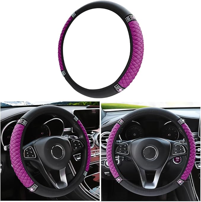 Bling Soft Leather Steering Wheel Cover, 15 Inch Colorful Rhinestones Auto Elastic Steering Wheel Protector, Sparkly Crystal Diamond for Women Girls, Car Accessories for Most Cars (Purple)