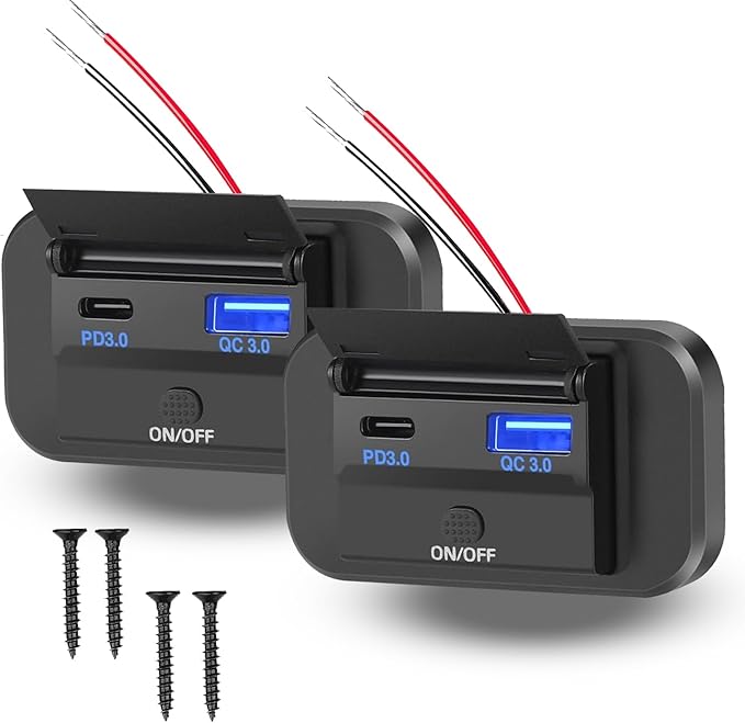 12V USB Outlet Panel Wall Mount,36W PD & 18W QC3.0 Multi Port Socket,Waterproof USB C Car Charger with Switch for RV Marine Motorcycle Truck Golf Cart