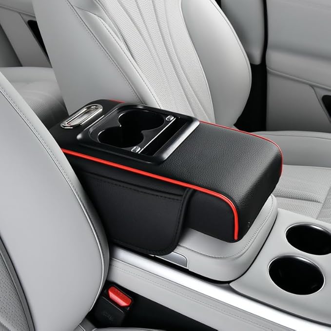 Armrest Pad for Car w/Type-C Charging Interface, Car Center Console Cup Holder, Interior Car Accessories, 2 Sizes& Styles (Upgraded Version, Black-Red, M: 35×20.5×7cm / 13.78×8.07×2.76’’)
