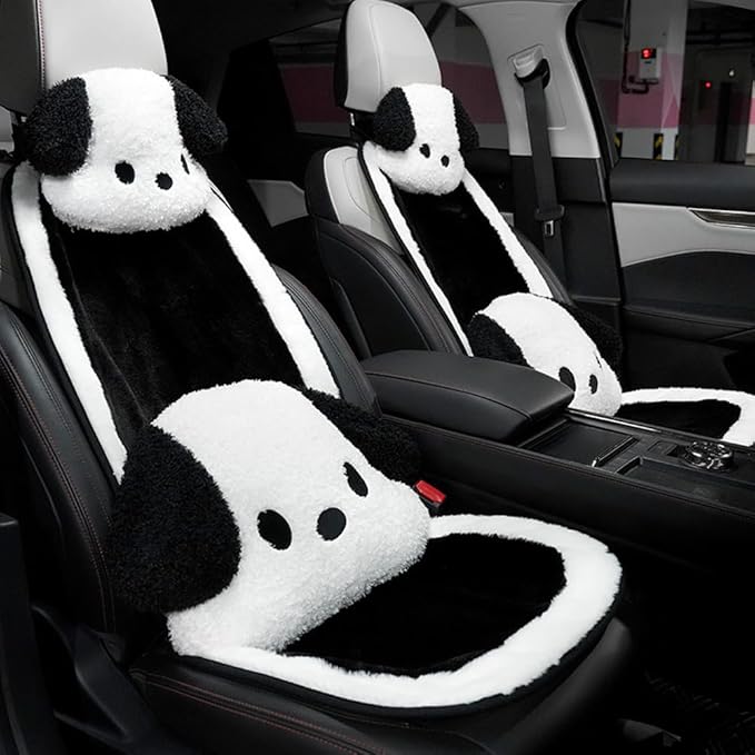 Set of 4 Car Headrest & Lumbar Support & Seat Cushion & Back Support Pillow Cute Black & White Dog Pattern Car Seat Pillow Comfortable & Durable Car Accessories Pillow for Long Sitting