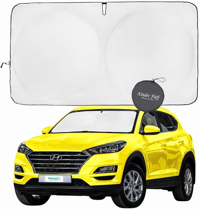 Kinder Fluff Windshield Sunshade | Reflective Patented Car Sun Protection - Certified 99% UVR Block - Cool Interior | Foldable Sun Visor Cover | Automotive Accessories for Summer Heat |Size L+ 64"x36"