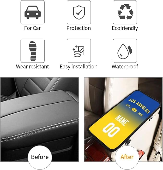 Custom Car Armrest Cover,Add Personalized Name and Number As Gifts for Loyal Football Fans,Auto Center Console Pad Car handrail Box Cushion,Fit for Most Car