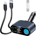 OHLPRO Retractable Car Charger Cigarette Lighter Adapter, 168W 5 in 1 Fast Phone Charging Built-in Replaceable Fuse, Socket Splitter with USB C and USB i Cord, Fit for Phone, iPad, Galaxy, GPS