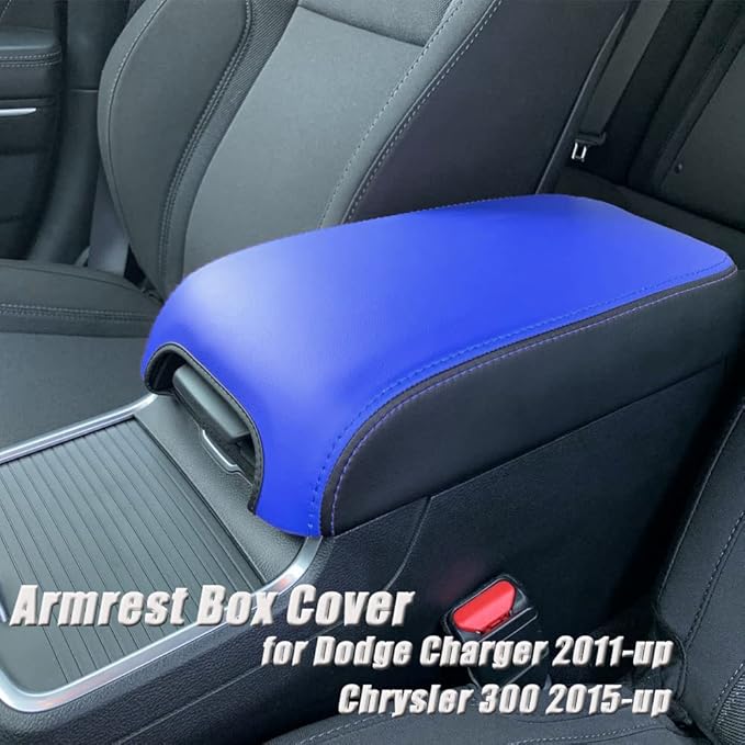 BOYUER Center Console Cover Armrest Leather Pad Cover Compatible With Dodge Charger 2011-2023/Chrysler 300 2015-2023（Blue and Black Neoprene）