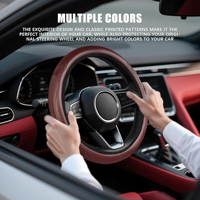 Car Steering Wheel Cover, Steering Wheel Accessories, Breathable Microfiber Leather Auto Wheels Protector, Universal 15 Inch Anti-Slip Protector Car Accessories for SUV Sedan Truck (Wine Red)