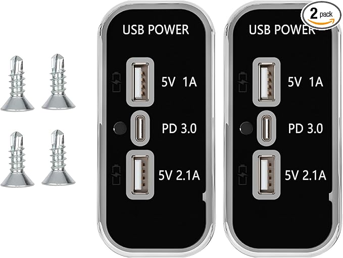 3 Ports 12V USB Outlet, 12V/24V Wall Mount Car USB Socket Charger Adapter,3.1A Dual USB A Port & PD3.0 USB C Port Charger Socket for RV Marine Boat Bus ATV Motorcycle Truck-2 Pack