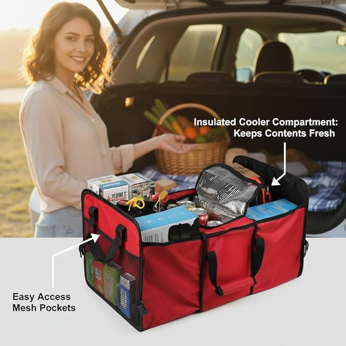 Vehicle Owners Red Collapsible Insulated Trunk Organizer 3-Compartment Car Cargo Storage Box Cooler for Groceries Camping & Road Trips All Season