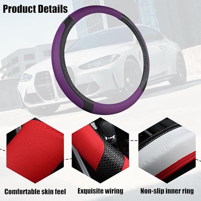 Car Steering Wheel Cover, 14.97 Inch Leather Non-Slip Vehicle Steer Wheel Protector, Soft & Breathable Automotive Interior Protection Accessories, Universal for SUV Sedan Truck (Black/Purple)
