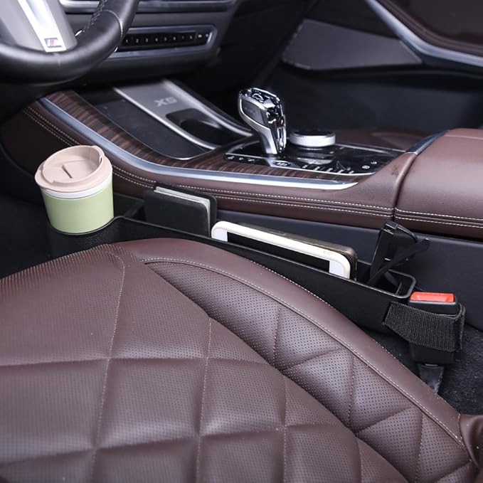 Car Seat Gap Filler, Multifunctional Seat Side Gap Filler with Cup Holder & Organizer, Gap Stopper Universal Fit Car SUV Truck Fill The Gap Between Seat & Console Set of 2 (Black)