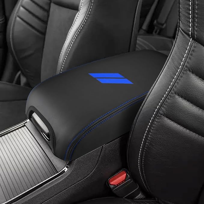 INTGET Car Center Console Cover for 2022 2021 Dodge Charger Accessories 2020 2019 2018 2017 2016 2015 Leather Armrest Cover Console Lid Protector Cushion Pad (Dark Blue Stitches, Leather)