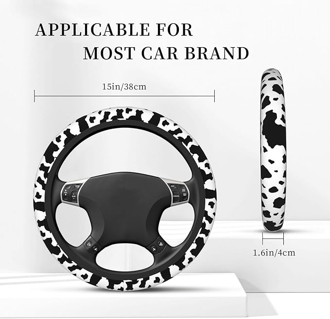 Black White Cow Print Neoprene Steering Wheel Cover for Men Women Anti-Slip Elastic Steering Wheel Protective Cover 15in Universal Car Accessories Fit Cars, SUVs, Auto