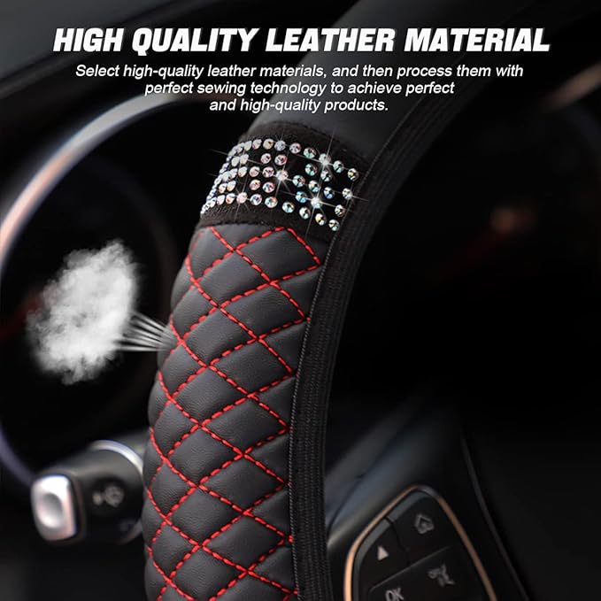 Bling Soft Leather Steering Wheel Cover, 15 Inch Colorful Rhinestones Auto Elastic Steering Wheel Protector, Sparkly Crystal Diamond for Women Girls, Car Accessories for Most Cars (Black/Red)
