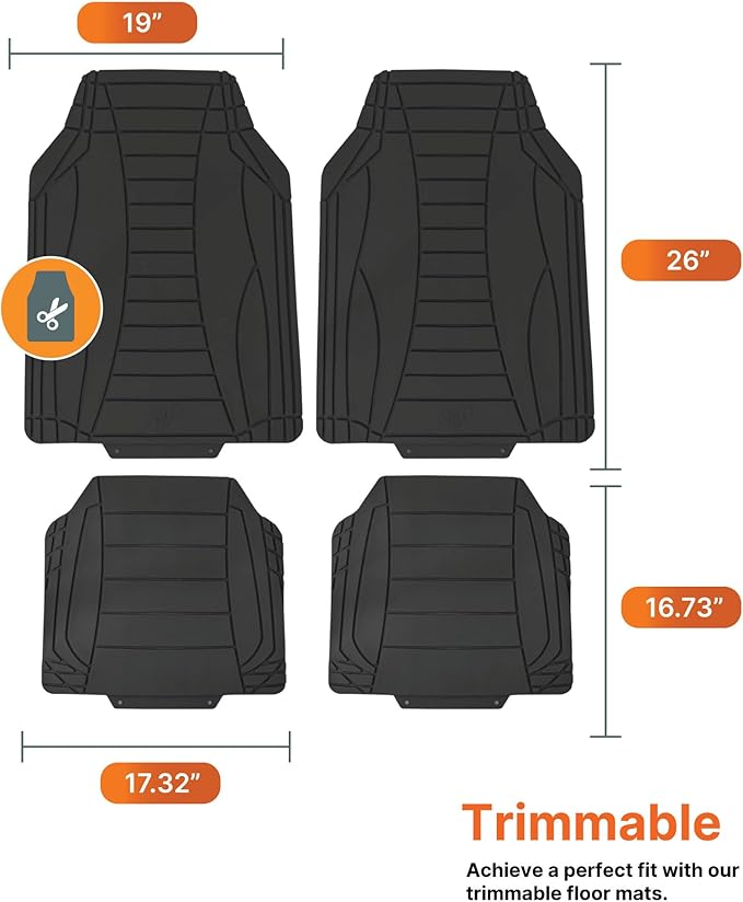 TLH Car Floor Mats, Black Sleek Linear, Full Set, Rubber, Waterproof, Stain-Resistant, Easy to Clean, Washable, Durable for Ultimate Protection, Perfect for Cars, Trucks, SUVs, Vans