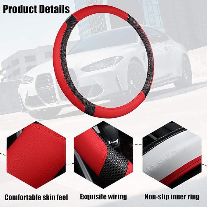 Car Steering Wheel Cover, 14.97 Inch Leather Non-Slip Vehicle Steer Wheel Protector, Soft & Breathable Automotive Interior Protection Accessories, Universal for SUV Sedan Truck (Black/Red)