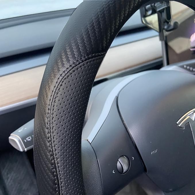 Nappa Leather Car Steering Wheel Cover for Tesla Model 3/Y 2016-2025 2026 Prius Civic Mini - Anti-Slip Car Wheel Protector Accessories 14" - 14 1/4" Small-Size for (Black, Small Size[14''-14 1/4''])