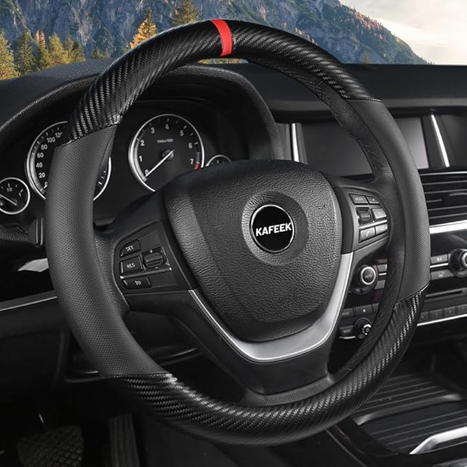KAFEEK Car Steering Wheel Cover Men, Universal 15 inch, Microfiber Leather Carbon Fiber Black Steering Wheel Accessories, Anti-Slip, Odorless, Breathable, Black