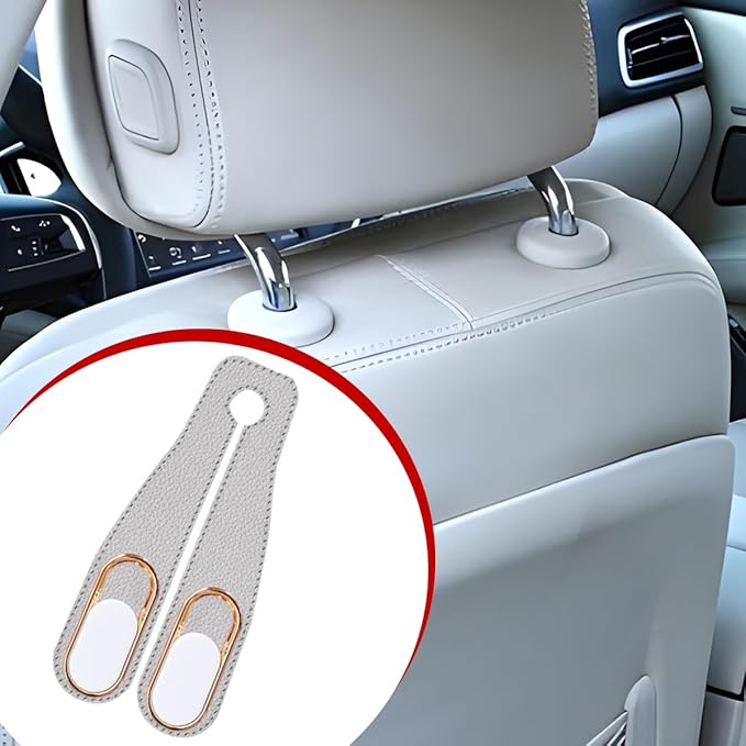 2PCS Car Seat Headrest Hook, Leather Dual Hook Vehicle Seat Back Storage Organizer for Purse Handbag Umbrella, Auto Backseat Groceries Hanger Holder, Universal for Truck SUV Sedan (Beige)
