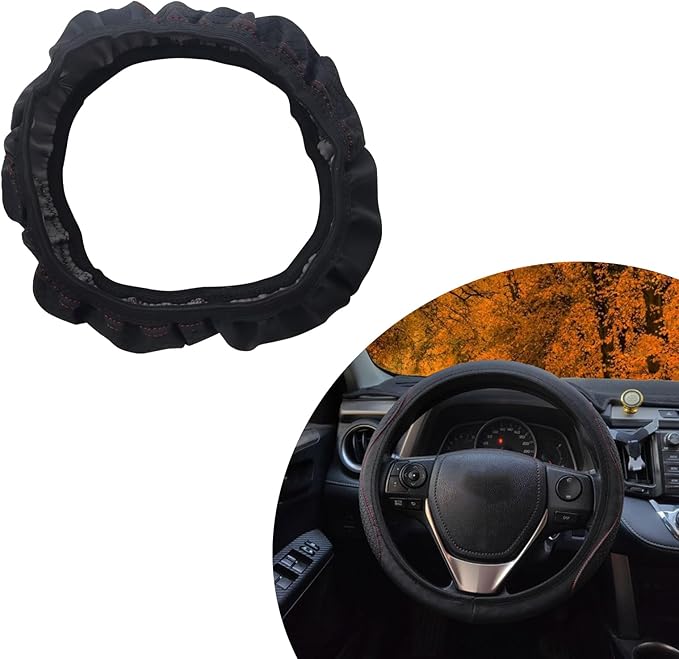 1 PC Car Steering Wheel Cover, 14.96In Waterproof Breathable Leather Vehicle Steering Wheel Anti-Slip Accessories, Universal Automotive Steering Wheel Protector for Truck SUV (Black & Red)