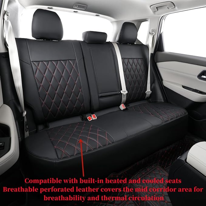coverdream Full Set Custom Fit Rogue Car Seat Covers for Nissan Rogue Hybrid,Sport 2020 2021 2022,Full Coverage Leather Seat Protector(Black/Red)