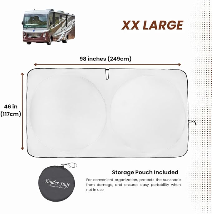 kinder Fluff Windshield Sunshade for RV Class-A | Reflective Patented Sun Protection - Certified 99% UVR Block | Foldable Sun Cover | Automotive Sun Shades for Your Motorhome, Truck, Bus |Size 98"x46"