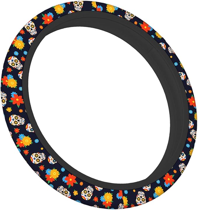 Swono Day of The Dead Sugar Skull Universal Neoprene Steering Wheel Cover Colorful Sugar Skull and Flower 15 Inch Steering Wheel Covers,Printed Steering Wheel Elastic Protection for Women and Girls