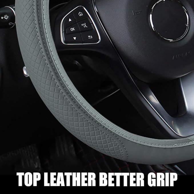 Car Steering Wheel Cover, Universal 14.5-15 Inch Gray Leather Steering Wheel Wrap with Better Sport Grip for Men Women, Anti-Slip Breathable Car Interior Accessories for Most Vehicles (Gray)
