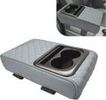 Car Center Console Armrest Pillow, 14"×8.3" Leather Memory Foam Armrest Cushion with Cup Holder & Phone Holder, Waterproof & Anti-Scratch Arm Rest Protector, Universal for Most Cars (Gray)