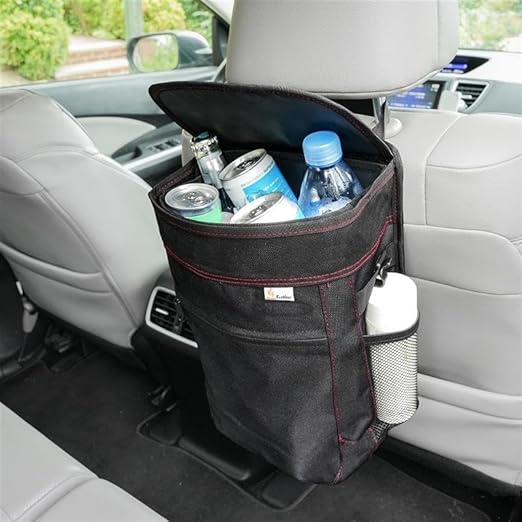 EcoNour Car Trash Can 2.5 Gallon with Lid & Storage Pockets | Waterproof Hanging Garbage Bin with Removable Inner Bag | Automotive Accessories for SUVs, Trucks & More | Black