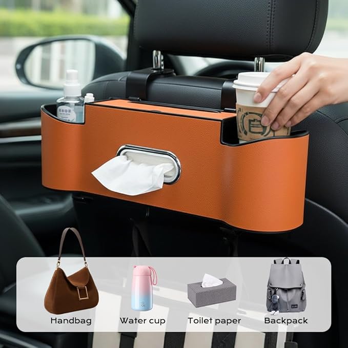 3-in-1 Car Backseat Organizer, Upgrade Seat Back Storage Box with Cup Holder & Hooks, Holds Phones Snacks Drinks Handbags for Tidy Car (Orange)