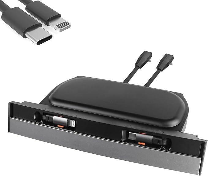 USB Charger Hub for Tesla Model Y 2021-2024 & Model 3 2021-2023 Accessories, Fast Charging Hub with Sliding Cover with Type-C+Lightning Retractable Cables (Not Fit Model 3 2024)