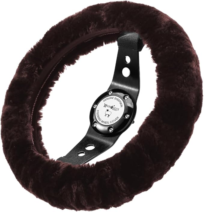 Andalus Brands Luxury Fluffy Car Steering Wheel Covers – Genuine Merino Sheepskin, Soft Fuzzy Car Steering Wheel Cover for Women, Universal 14.5-15" Size, Plush Fur Cute Auto Accessories, Mocha