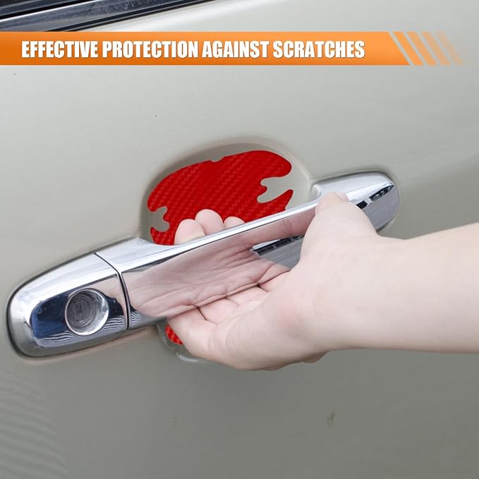 4PCS Car Door Handle Cup Scratch Protector, 3D Carbon Fiber Door Bowl Sticker, Car Paint Protective Film, Universal Automotive Doors Handle Guard Pad for Most Cars (Red)