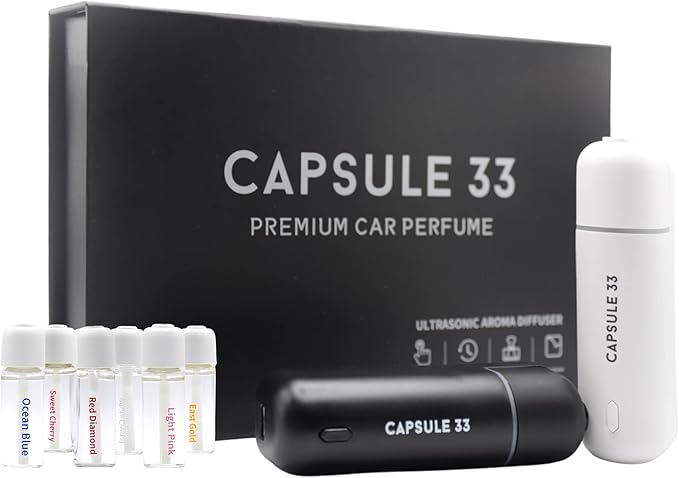 Capsule 33 Car Perfume Starter Pack, Car Air Freshener, Ultrasonic Aroma Diffuser, 6 Fragrances (White Crystal, Red Diamond, East Gold, Ocean Blue, Sweet Cherry, Light Pink) (White)