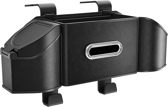 Car Organizer Back Seat, 4-In-1 Car Back Seat Organizer with Drink Cup Holder Tissue Box Trash Can Phone Holder, Adjustable Headrest Storage Organizers with Hooks Automotive Seat Storage Box