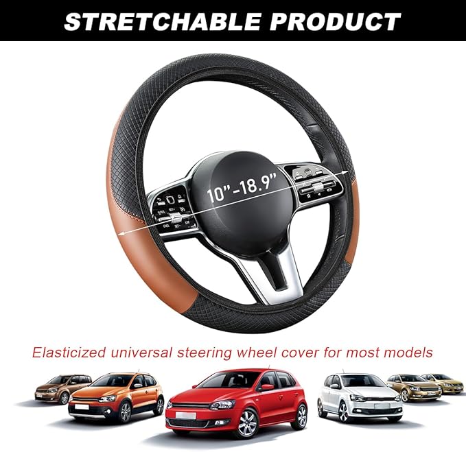 Car Steering Wheel Cover, 15 Inch Carbon Fiber Leather Stitching Color Steering Wheel Protector, Anti-Slip Elastic Breathable Steering Wheel Cover Stylish Decor for Most Cars (Black&Khaki, AD)