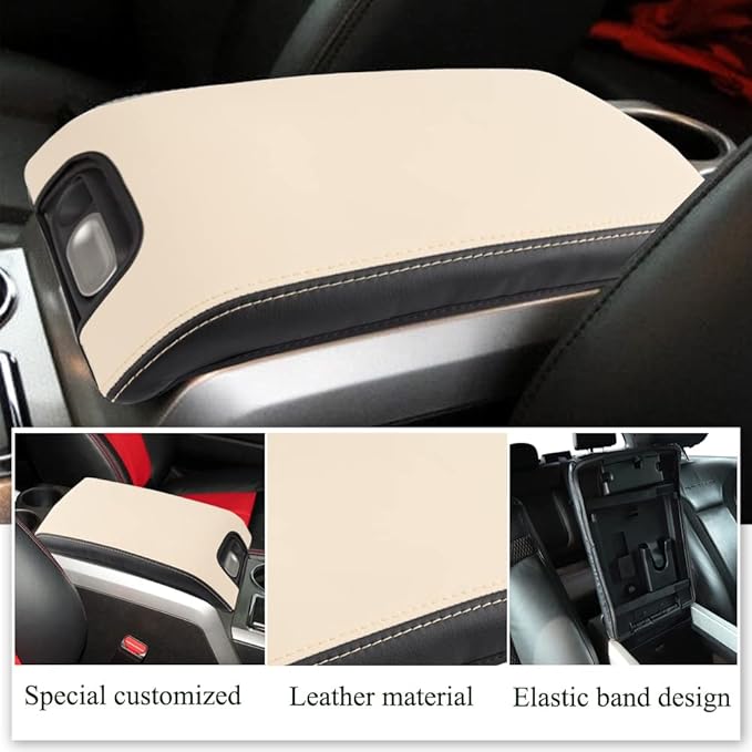 XITER 1PC Leather Center Console Armrest Box Cover Waterproof Cushion Pad for F150 2009-2014 Not Fit Jump Seat Console(Beige+Black)