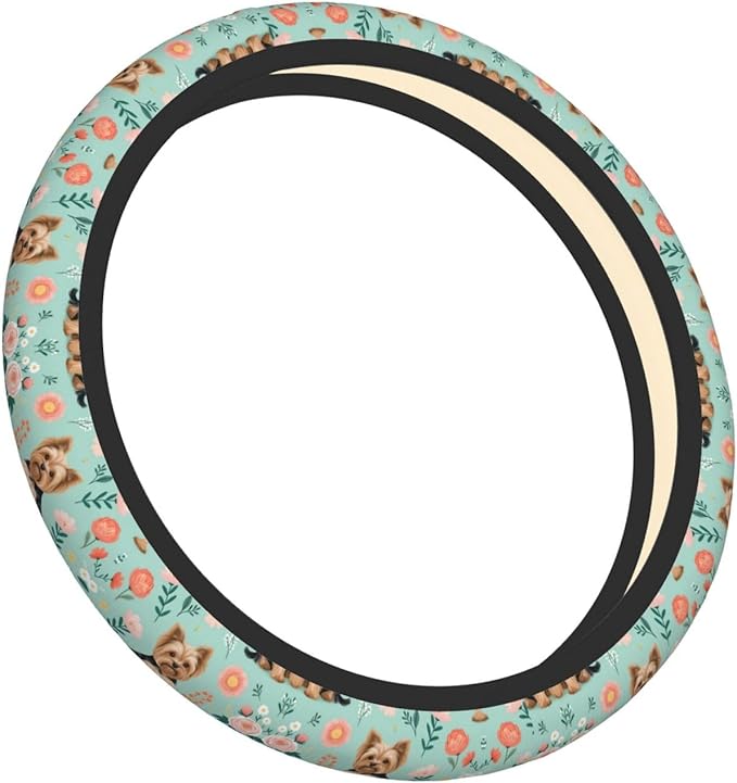 Dogs Flower Art Universal Fit Steering Wheel Cover for Car, Truck, and SUV, Durable Steering Wheel Protection